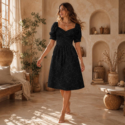 Gothic Spiderweb Puff Sleeve Dress, Spooky Halloween Cottagecore Outfit