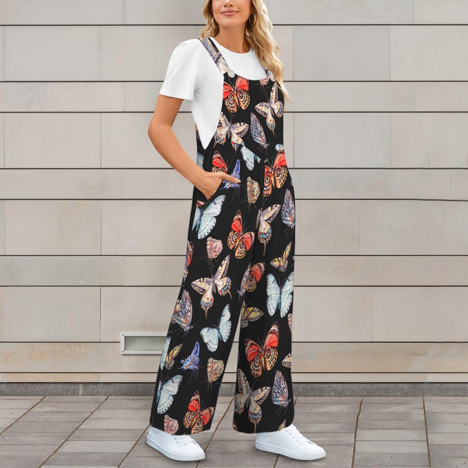 Butterfly Print Wide Leg Jumpsuit, Nature Boho Outfit, Garden Party Vacation Wear