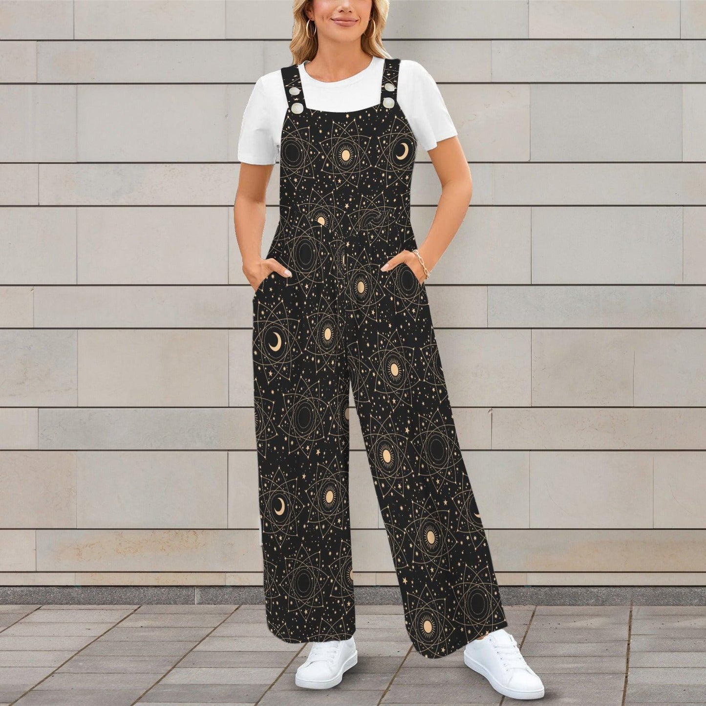 Celestial Moon Sun Wide Leg Jumpsuit, Boho Astrology Print Dungarees, Festival Travel Outfit