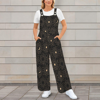 Celestial Moon Sun Wide Leg Jumpsuit, Boho Astrology Print Dungarees, Festival Travel Outfit