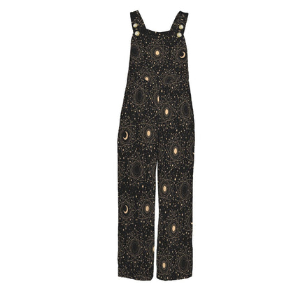 Celestial Moon Sun Wide Leg Jumpsuit, Boho Astrology Print Dungarees, Festival Travel Outfit