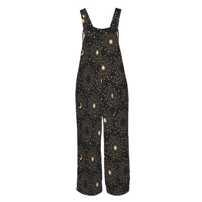 Celestial Moon Sun Wide Leg Jumpsuit, Boho Astrology Print Dungarees, Festival Travel Outfit