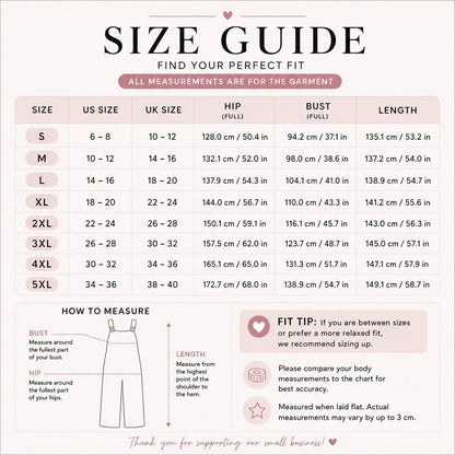 The image is a size guide that provides information on how to measure for different sizes of clothing, including bust, hips, and length. It includes a chart with measurements and corresponding sizes, along with a step-by-step guide on how to measure one's bust, hips, and length.