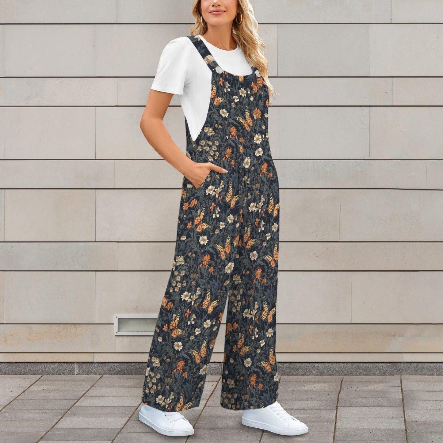 Butterfly Floral Wide Leg Jumpsuit, Boho Meadow Nature Dungarees, Spring Travel Outfit