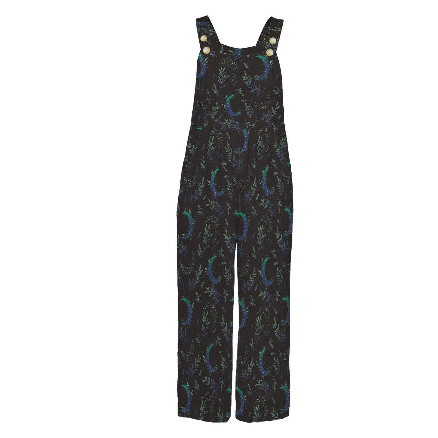 Celestial Moon Print Wide Leg Jumpsuit, Boho Botanical Dungarees Outfit