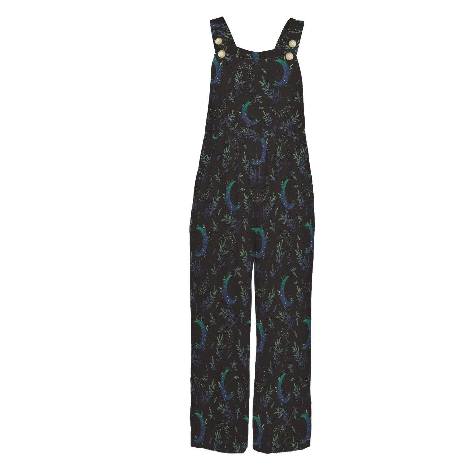 Celestial Moon Print Wide Leg Jumpsuit, Boho Botanical Dungarees Outfit