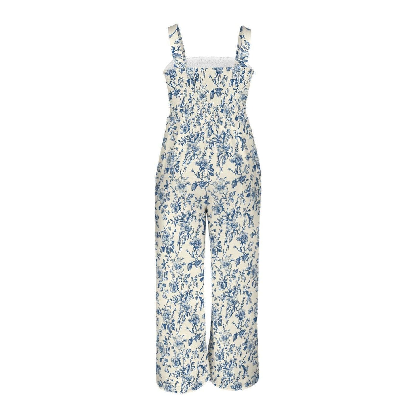 Blue Toile Wide Leg Jumpsuit, French Country Floral Palazzo Outfit