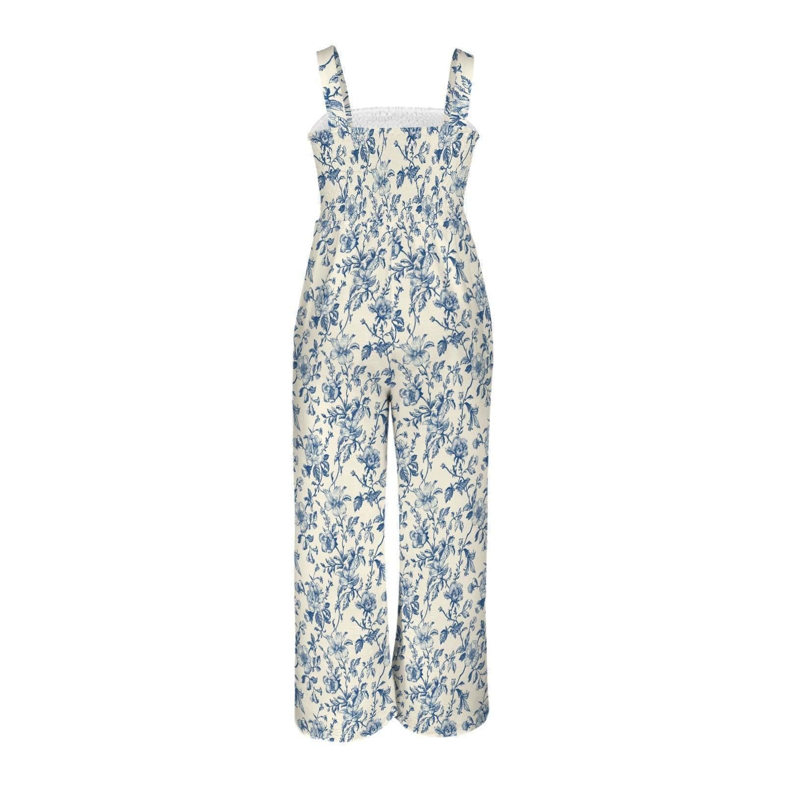 Blue Toile Wide Leg Jumpsuit, French Country Floral Palazzo Outfit