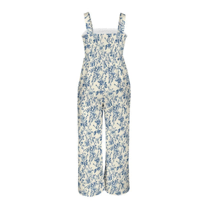 Blue Toile Wide Leg Jumpsuit, French Country Floral Palazzo Outfit