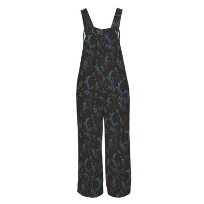 Celestial Moon Print Wide Leg Jumpsuit, Boho Botanical Dungarees Outfit