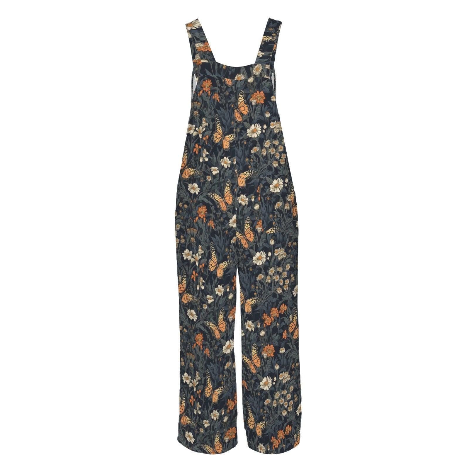 Butterfly Floral Wide Leg Jumpsuit, Boho Meadow Nature Dungarees, Spring Travel Outfit