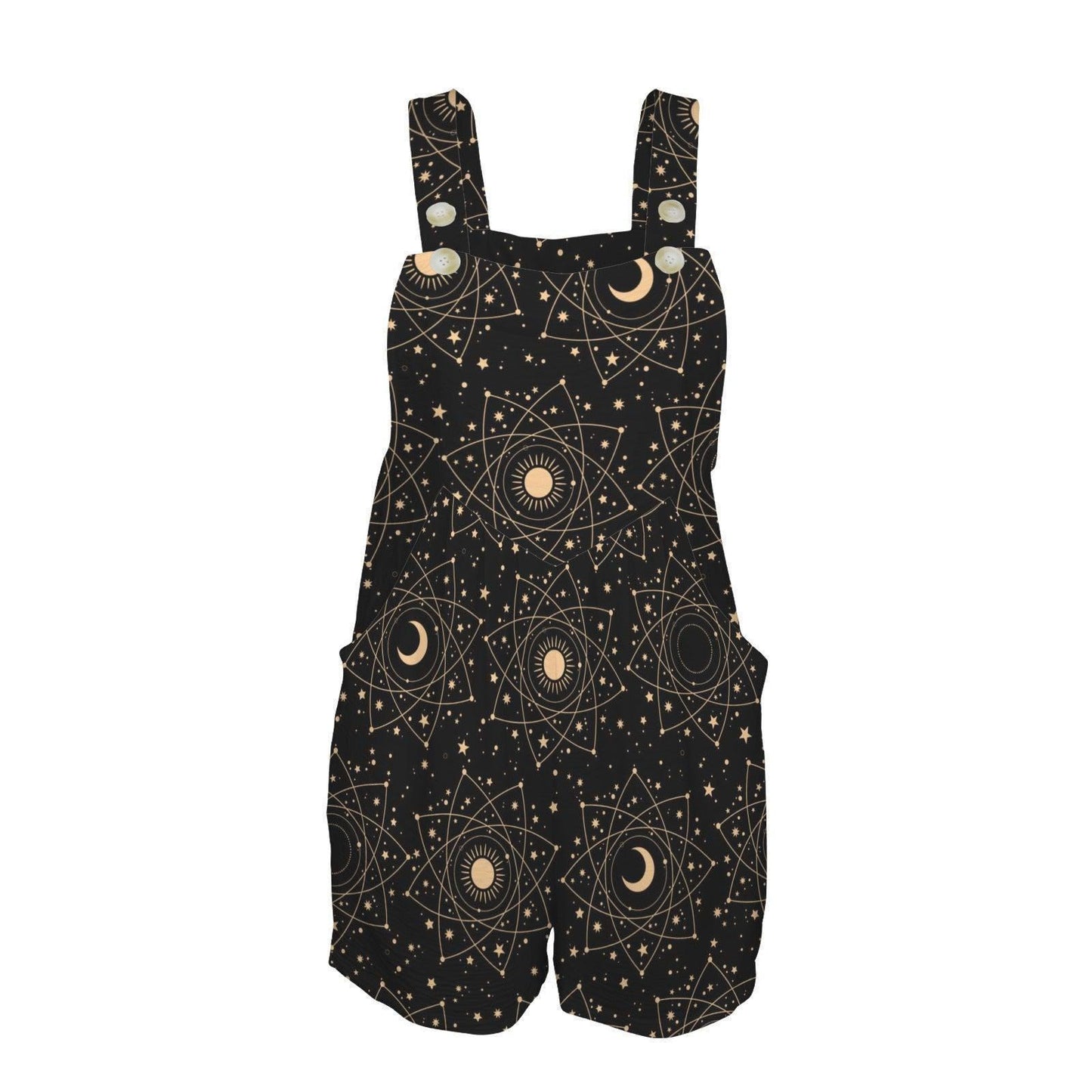 Celestial Overall Romper, Moon Star Shortalls with Pockets, Black Astrology Festival Playsuit