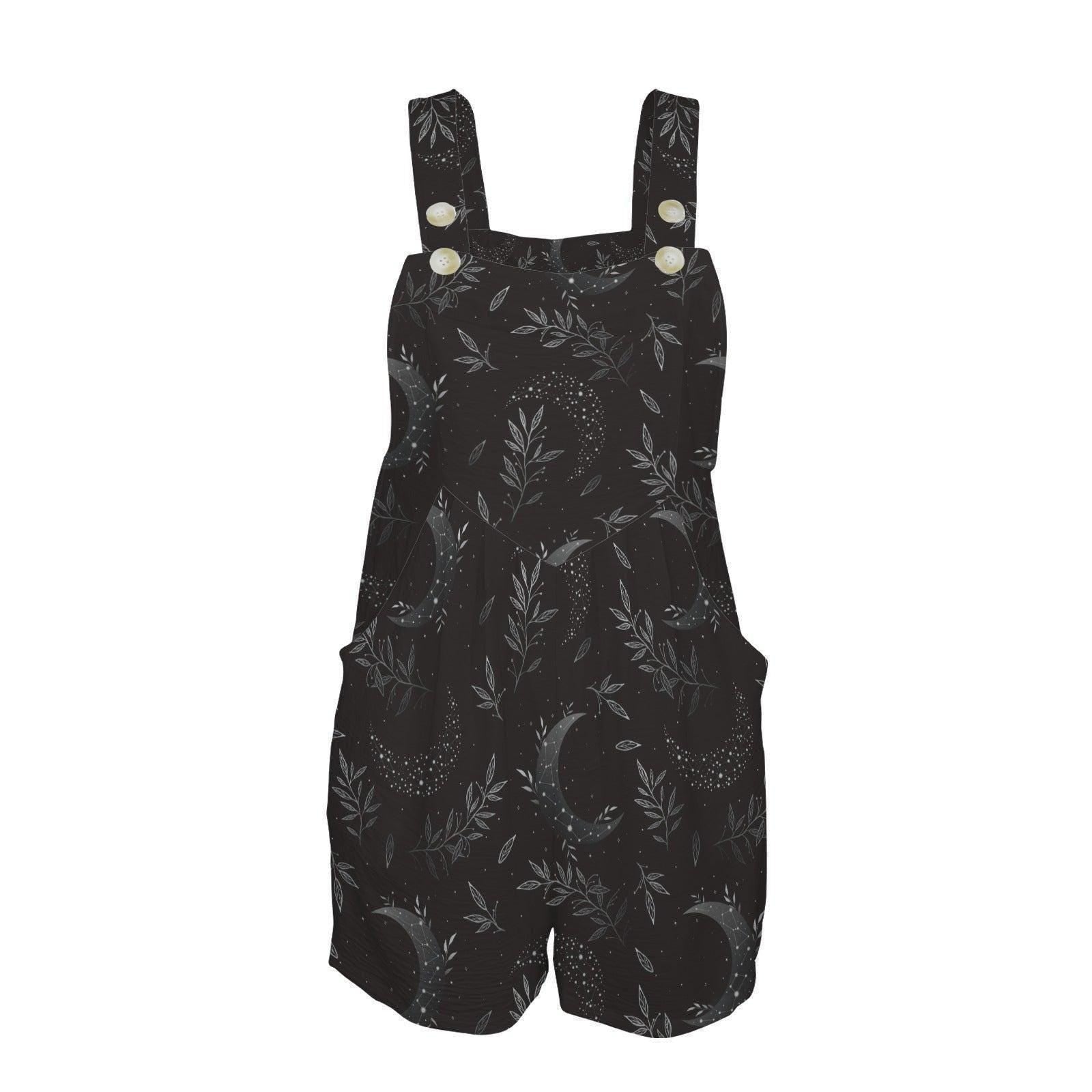 Monochrome Celestial Shortalls, Black Moon Phase Pocket Romper for Women, Minimalist Mystic Overall Playsuit