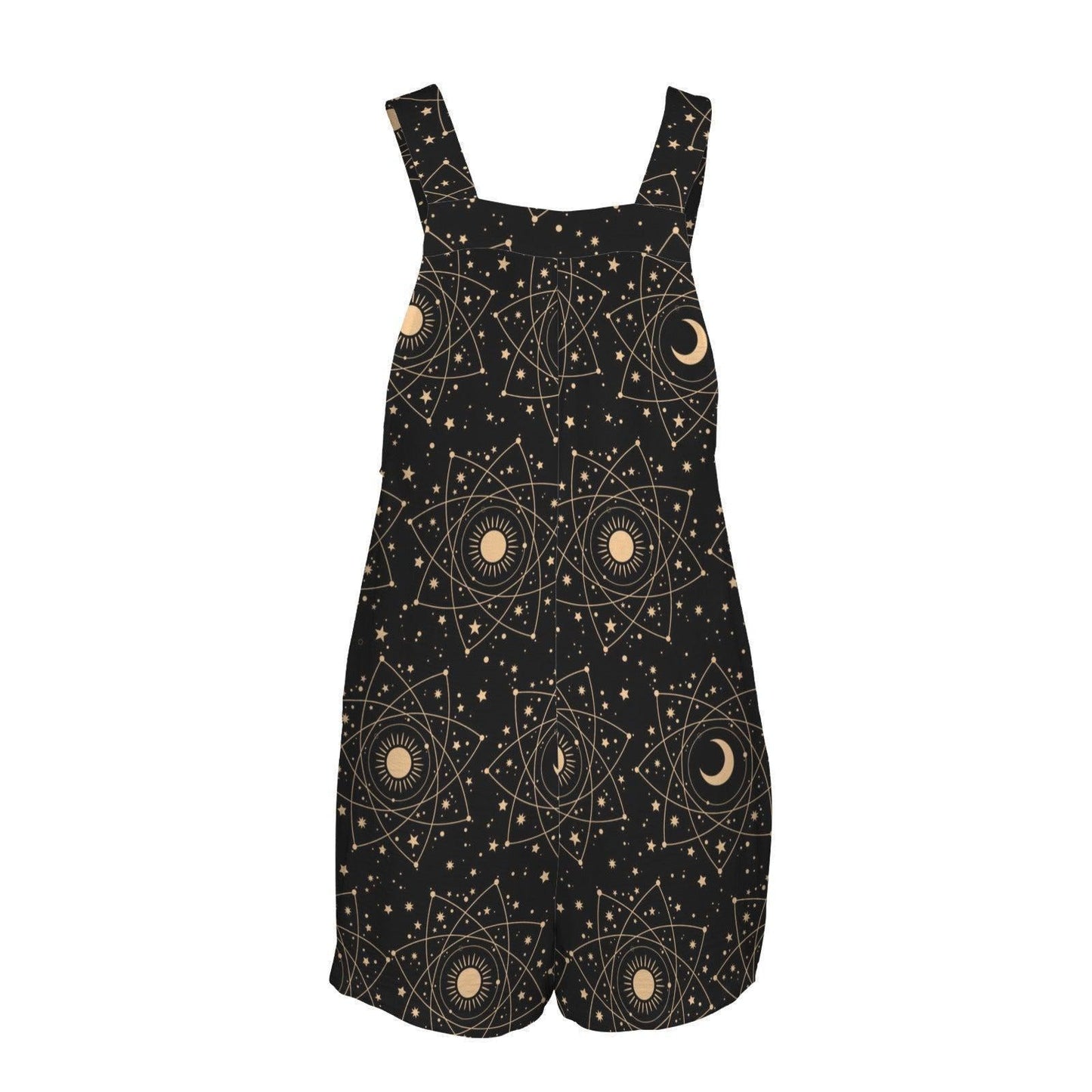 Celestial Overall Romper, Moon Star Shortalls with Pockets, Black Astrology Festival Playsuit
