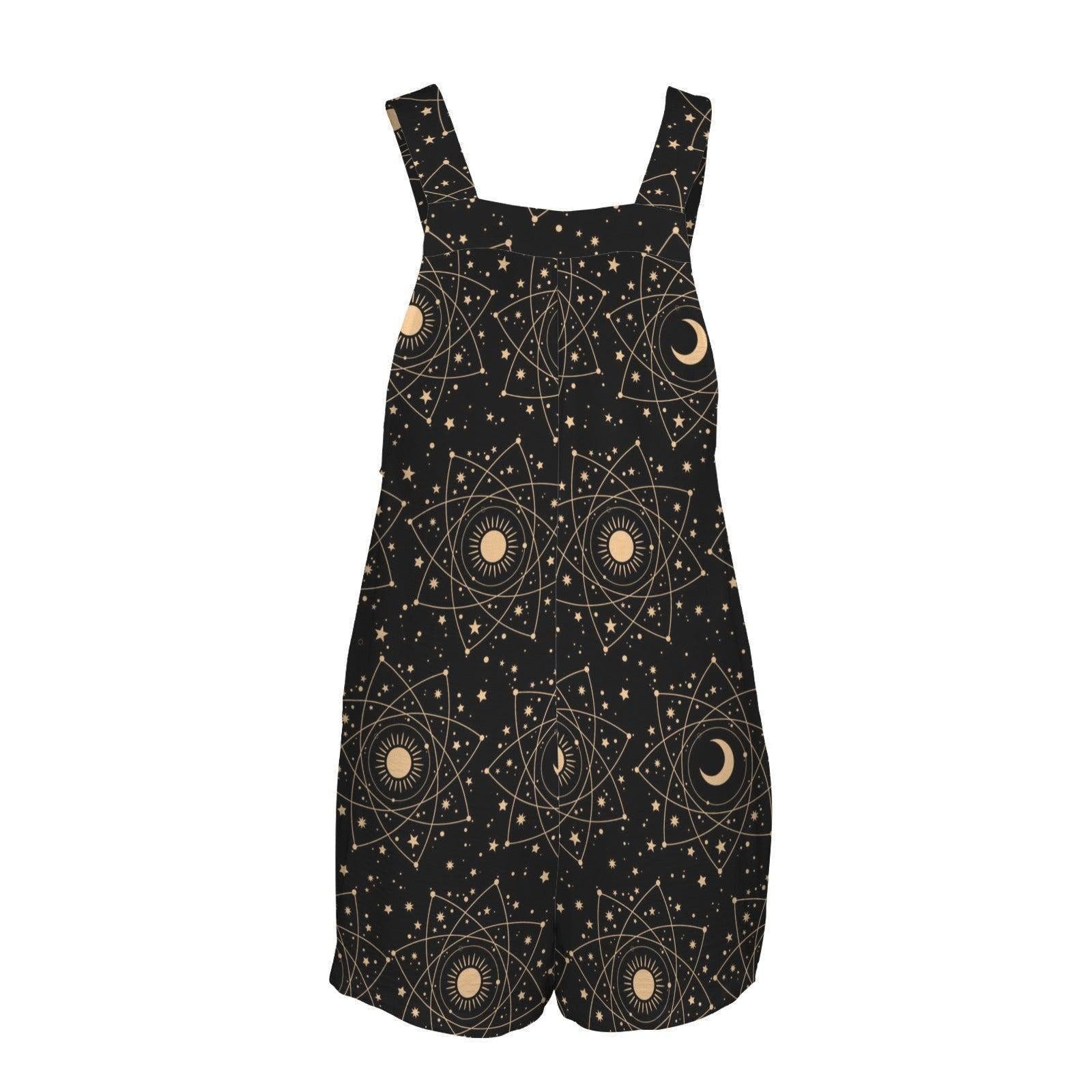 Celestial Overall Romper, Moon Star Shortalls with Pockets, Black Astrology Festival Playsuit