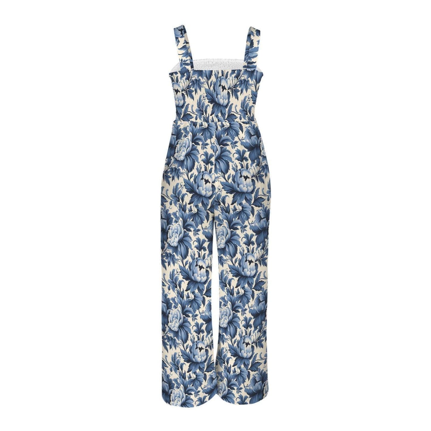 Blue floral wide leg jumpsuit, toile print romper, garden party dress, cottagecore summer outfit