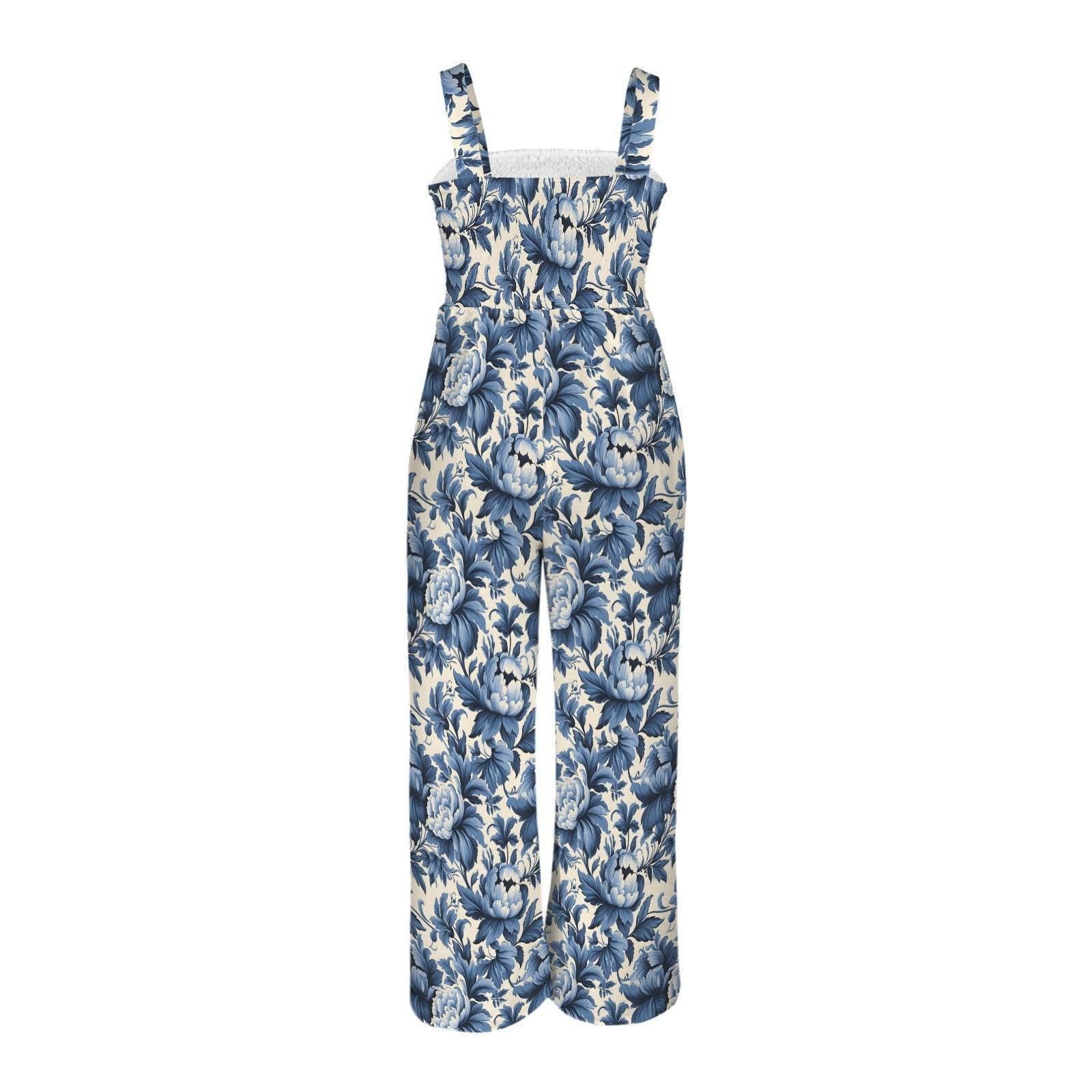 Blue floral wide leg jumpsuit, toile print romper, garden party dress, cottagecore summer outfit