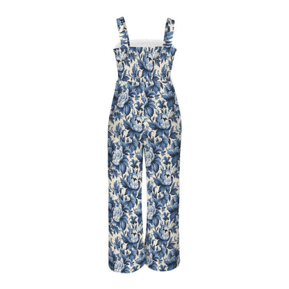 Blue floral wide leg jumpsuit, toile print romper, garden party dress, cottagecore summer outfit