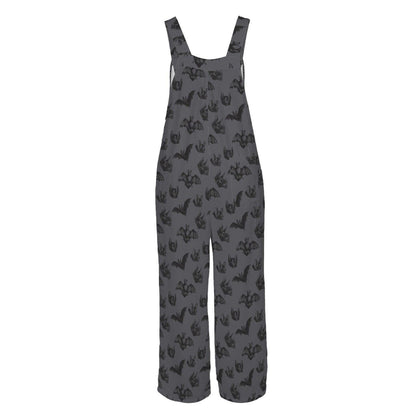 Bat Print Overalls for Women, Halloween Wide Leg Jumpsuit with Pockets, Spooky Casual Outfit