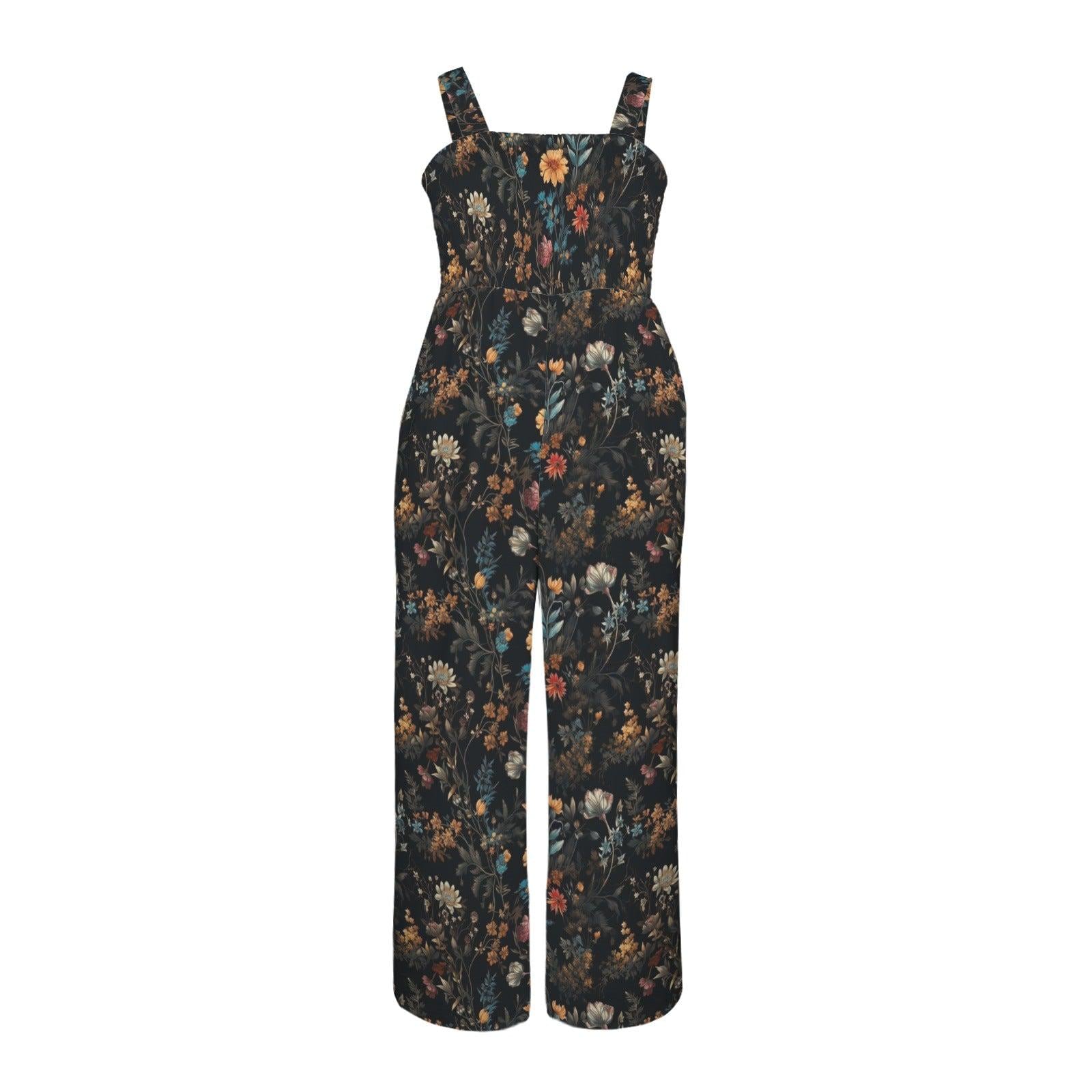 Dark Floral Palazzo Jumpsuit, Moody Botanical Wide Leg Outfit