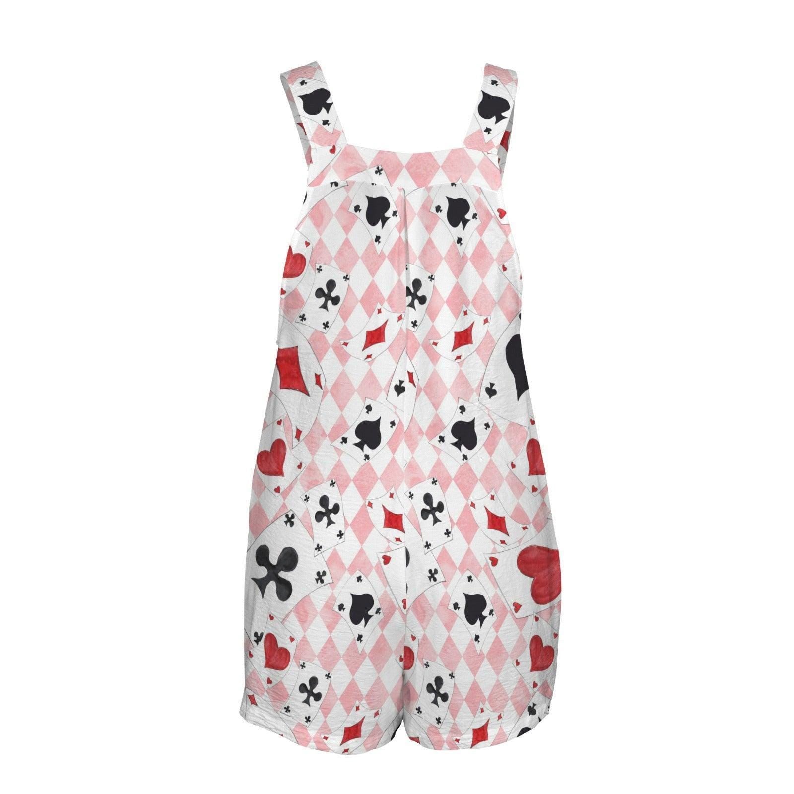 Pink Harlequin Playing Card Shortall Romper, Women's Casino Outfit, Heart Suit Print
