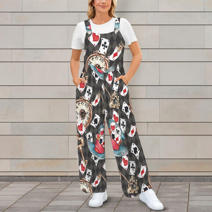 Playing Card Jumpsuit, Whimsical Clock Print Wide Leg Overalls