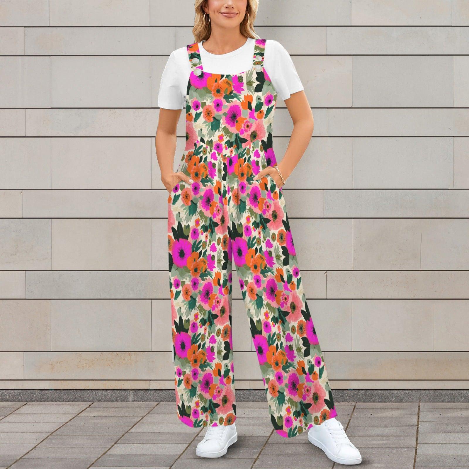 Floral Wide Leg Jumpsuit, Retro Flower Dungarees, Boho Spring Outfit