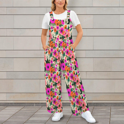 Floral Wide Leg Jumpsuit, Retro Flower Dungarees, Boho Spring Outfit