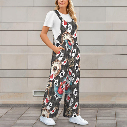 Playing Card Jumpsuit, Whimsical Clock Print Wide Leg Overalls