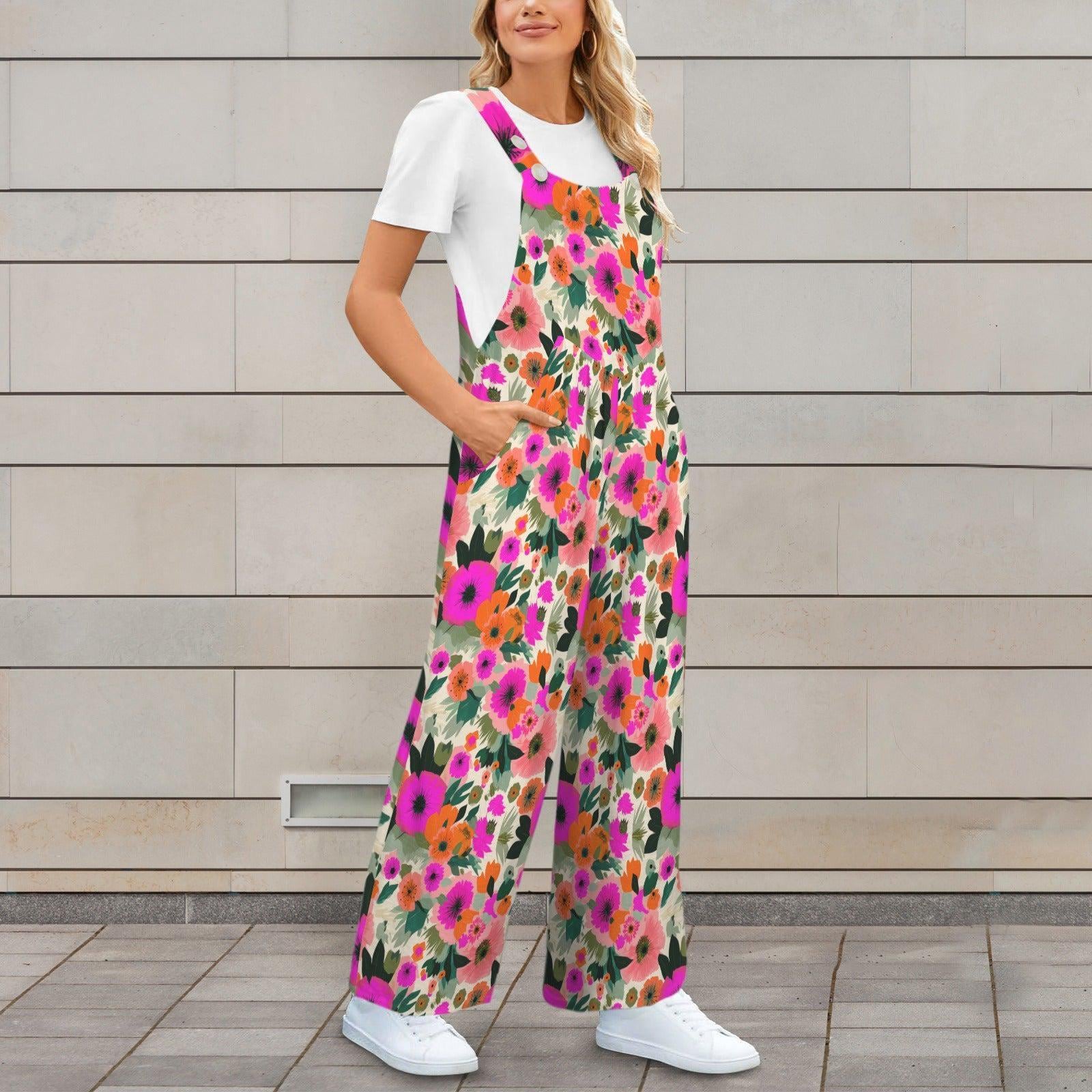 Floral Wide Leg Jumpsuit, Retro Flower Dungarees, Boho Spring Outfit