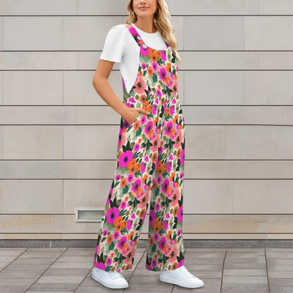 Floral Wide Leg Jumpsuit, Retro Flower Dungarees, Boho Spring Outfit