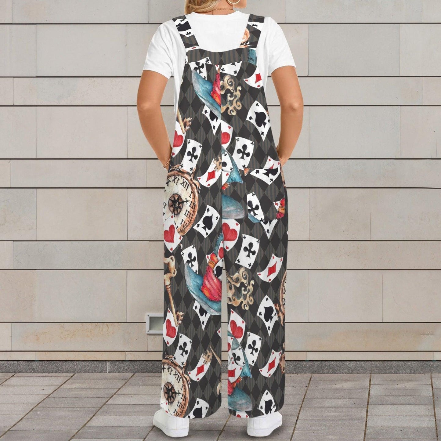 Playing Card Jumpsuit, Whimsical Clock Print Wide Leg Overalls