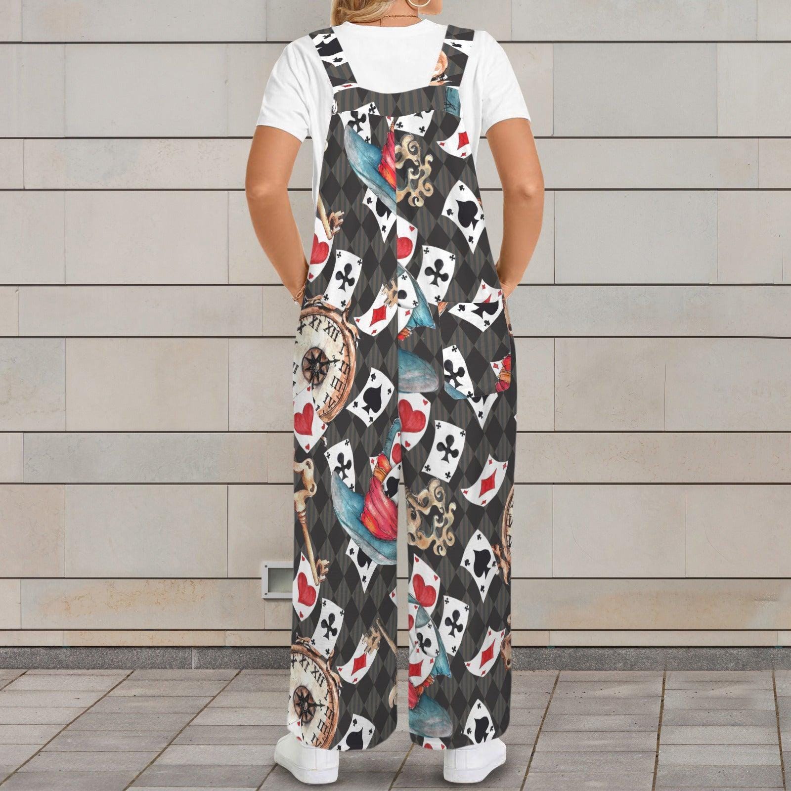 Playing Card Jumpsuit, Whimsical Clock Print Wide Leg Overalls