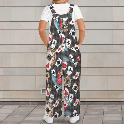Playing Card Jumpsuit, Whimsical Clock Print Wide Leg Overalls