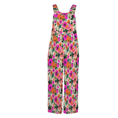 Floral Wide Leg Jumpsuit, Retro Flower Dungarees, Boho Spring Outfit