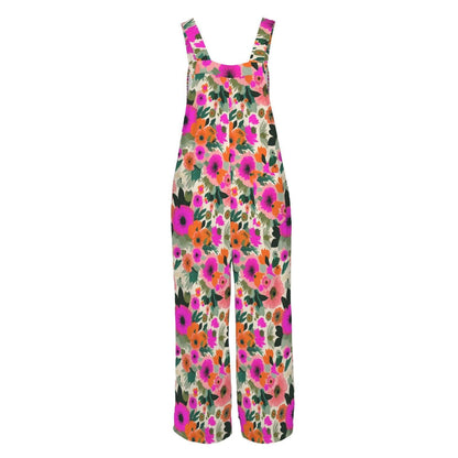 Floral Wide Leg Jumpsuit, Retro Flower Dungarees, Boho Spring Outfit