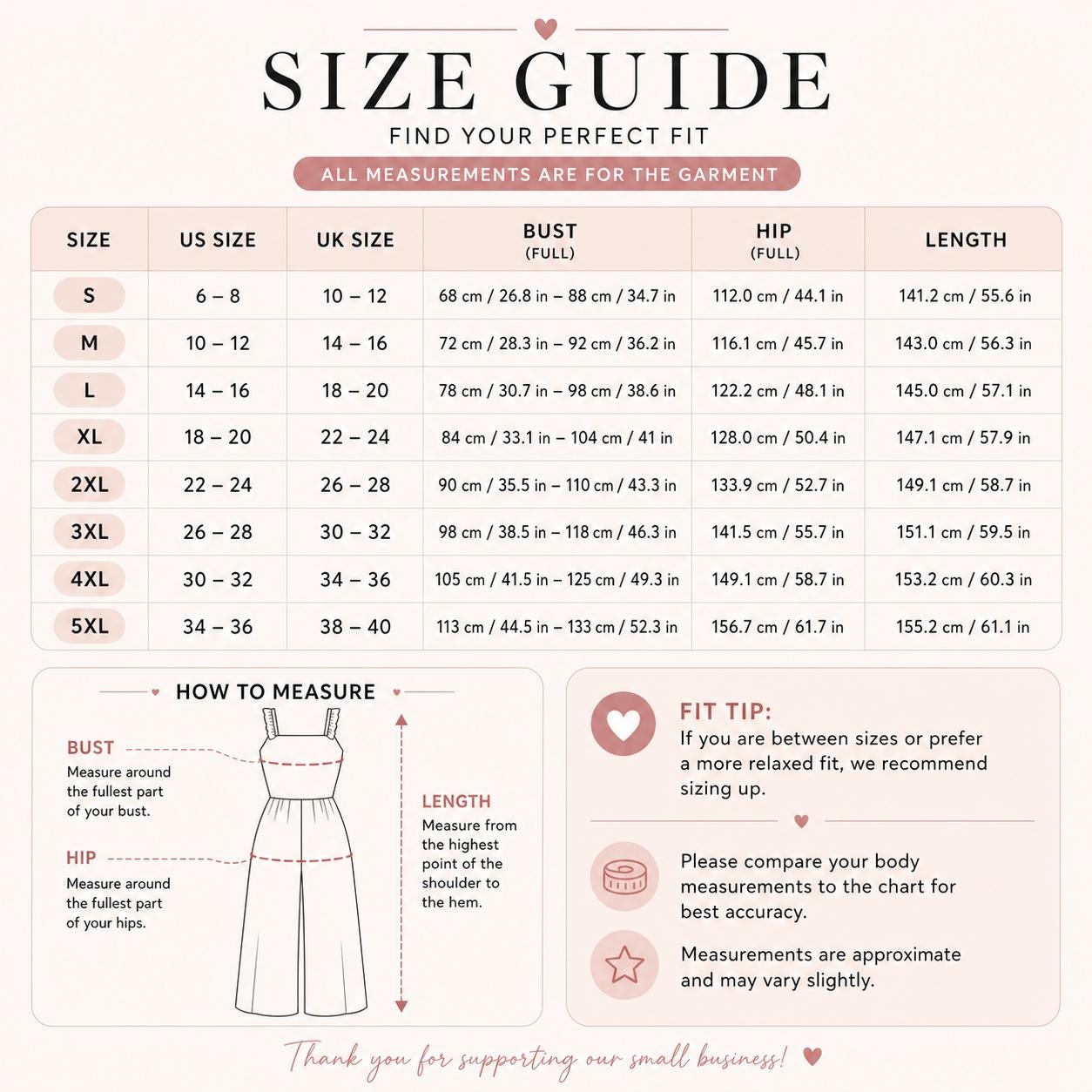 The image is a size guide that provides measurements for different sizes of dresses, including US, UK, and bust sizes. It also includes a "FIT TIP" for those who are between sizes or prefer a more fitted look. The guide suggests measuring around the bust and hips to get the best fit. The measurements are approximate and may vary slightly. The image is a single, unbroken scene, and there are no additional images or text that can be described in more detail.