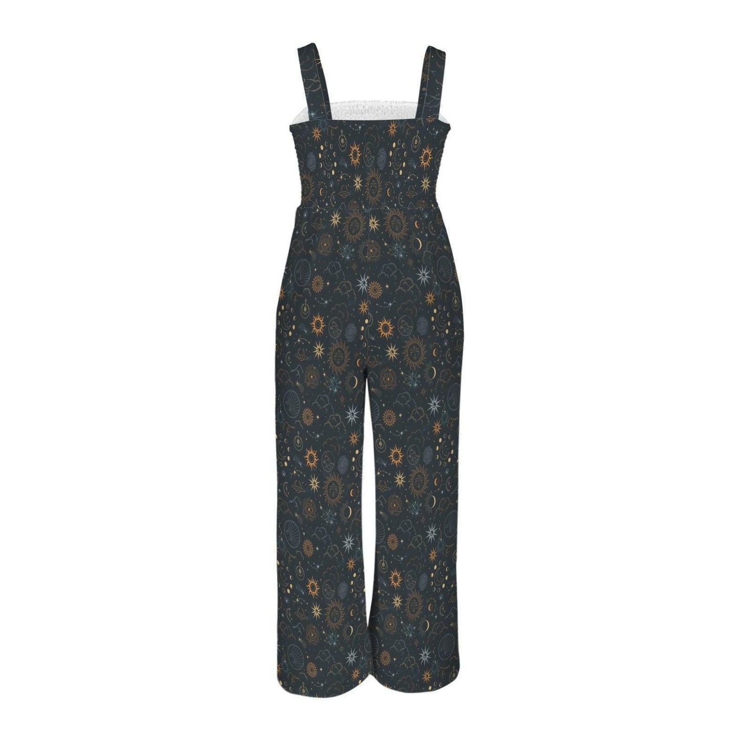 Celestial wide leg jumpsuit with sun moon star print, boho festival romper, mystical astrology fashion