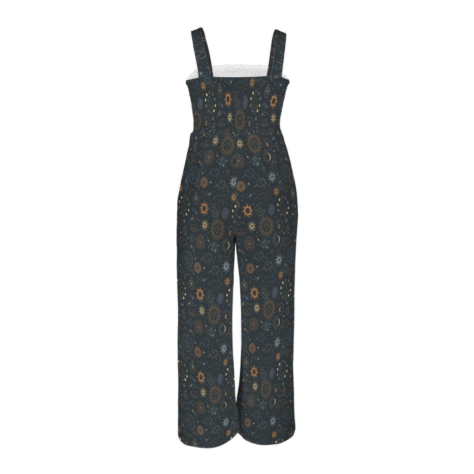Celestial wide leg jumpsuit with sun moon star print, boho festival romper, mystical astrology fashion