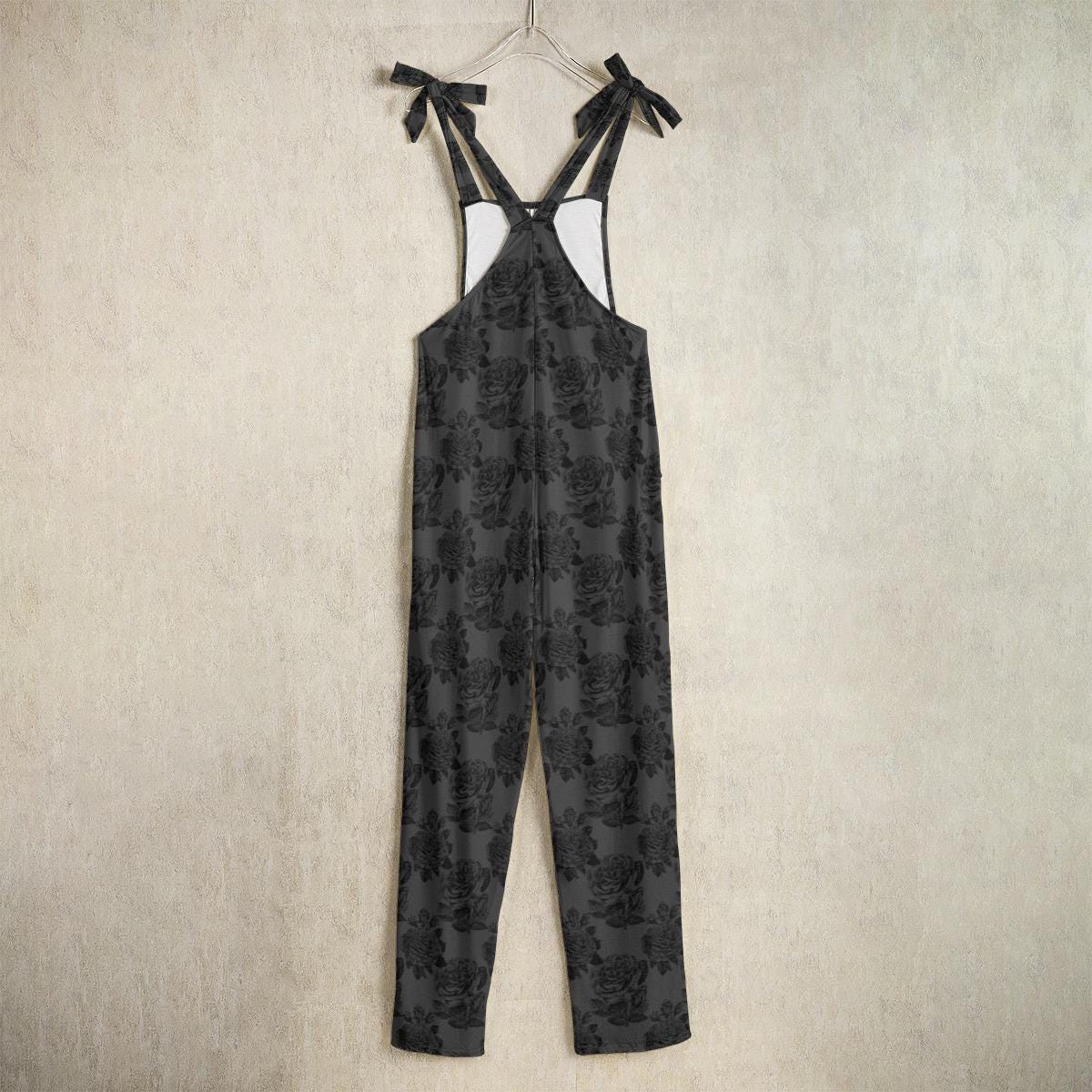 Black Floral Jumpsuit with Bow Straps, Wide Leg Romper, Moody Boho Vacation Outfit