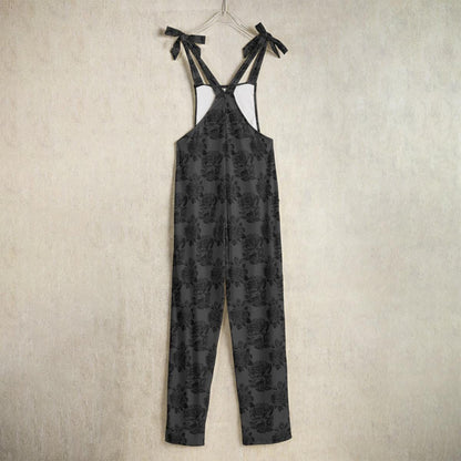 Black Floral Jumpsuit with Bow Straps, Wide Leg Romper, Moody Boho Vacation Outfit