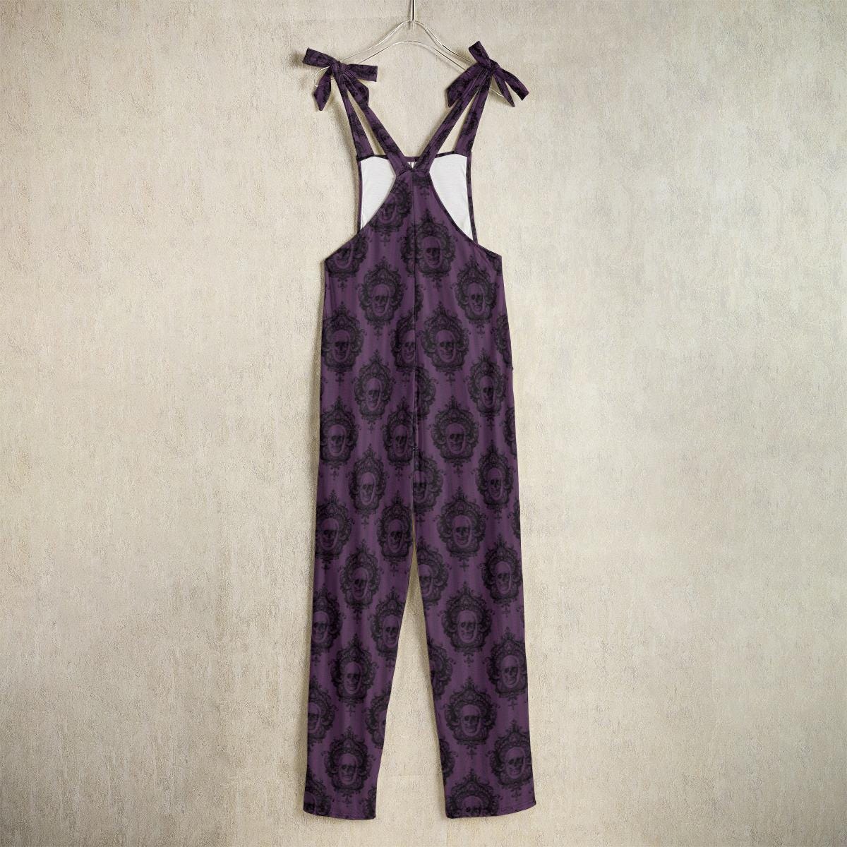 Purple skull jumpsuit, gothic wide-leg overalls, witchy festival romper, occult streetwear, casual alternative dungarees
