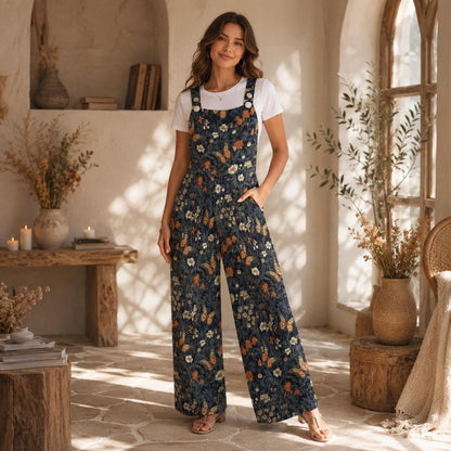 Butterfly Floral Wide Leg Jumpsuit, Boho Meadow Nature Dungarees, Spring Travel Outfit