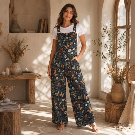 Butterfly Floral Wide Leg Jumpsuit, Boho Meadow Nature Dungarees, Spring Travel Outfit