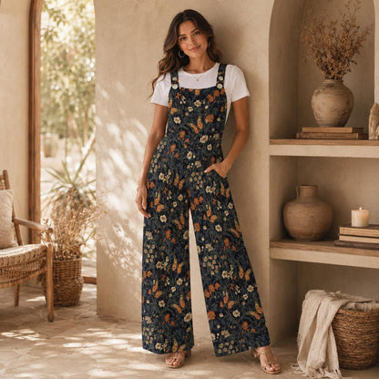 Butterfly Floral Wide Leg Jumpsuit, Boho Meadow Nature Dungarees, Spring Travel Outfit