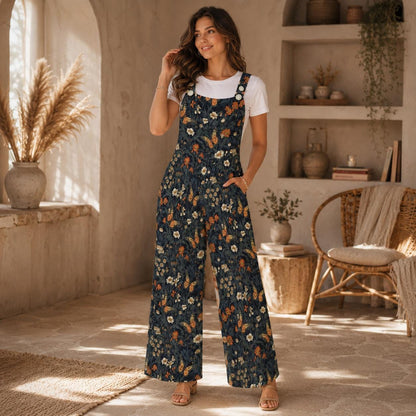 Butterfly Floral Wide Leg Jumpsuit, Boho Meadow Nature Dungarees, Spring Travel Outfit