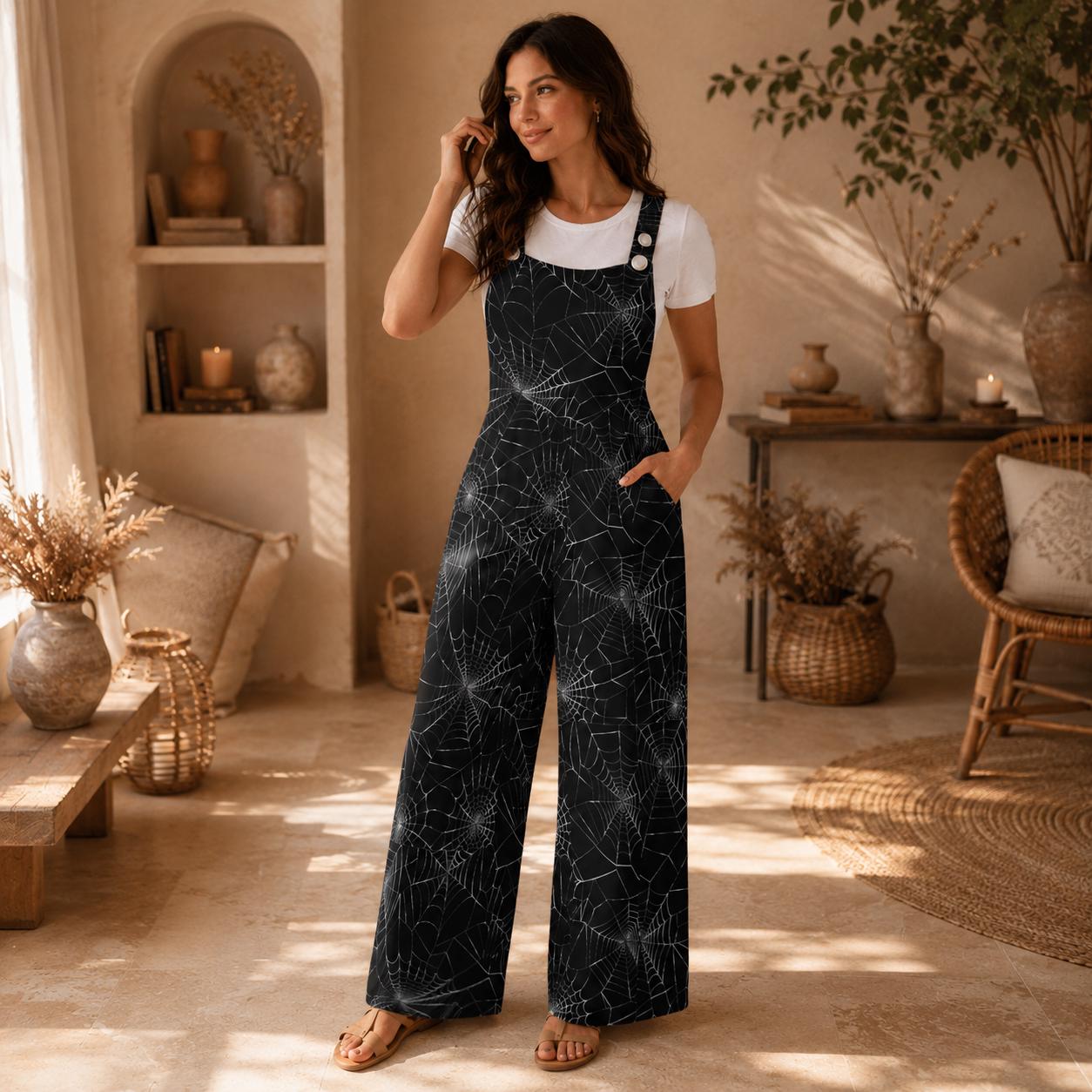 Spider Web Wide Leg Jumpsuit, Gothic Halloween Overalls with Pockets