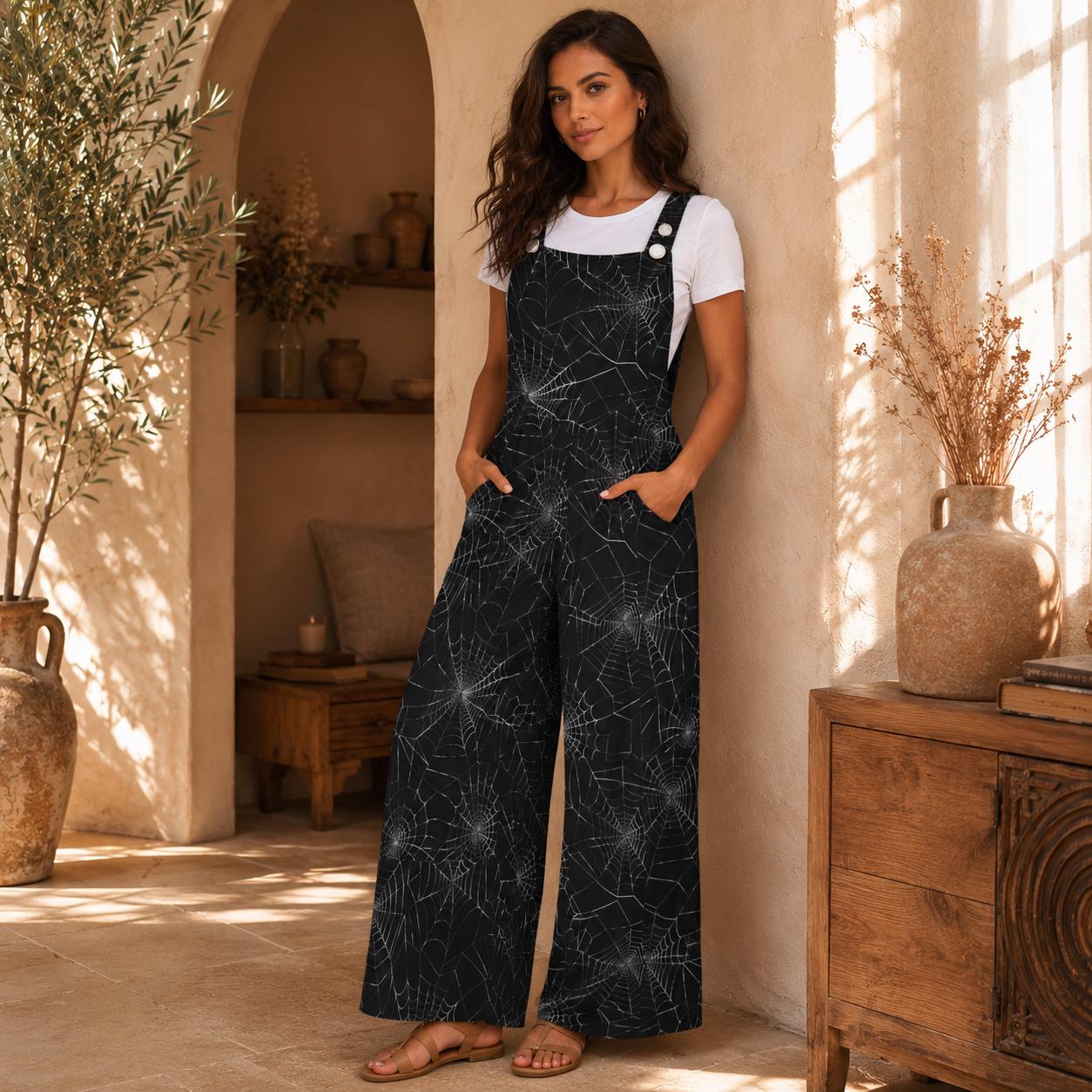 Spider Web Wide Leg Jumpsuit, Gothic Halloween Overalls with Pockets
