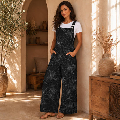 Spider Web Wide Leg Jumpsuit, Gothic Halloween Overalls with Pockets