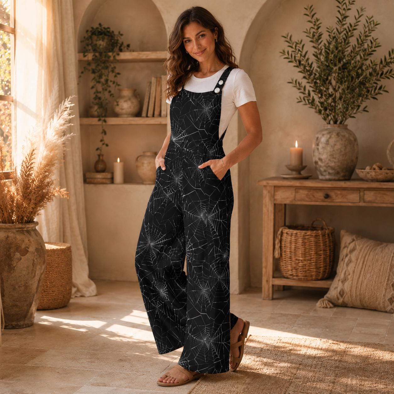 Spider Web Wide Leg Jumpsuit, Gothic Halloween Overalls with Pockets